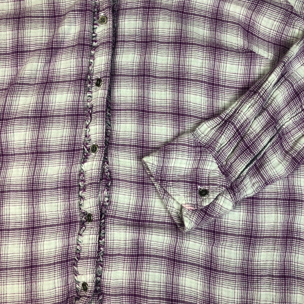 Lee Riders Womens 2X Plus Purple White Plaid Button Up Long Sleeve Shirt Ruffled - Picture 4 of 9